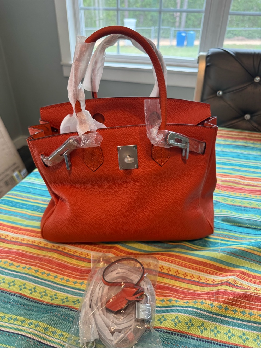 Orange Leather Structured Satchel Handbag